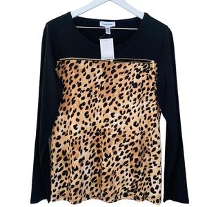 Calvin Klein NWT Leopard Animal‎ Print Liquid Knit Long Sleeve Zipper Accent Top